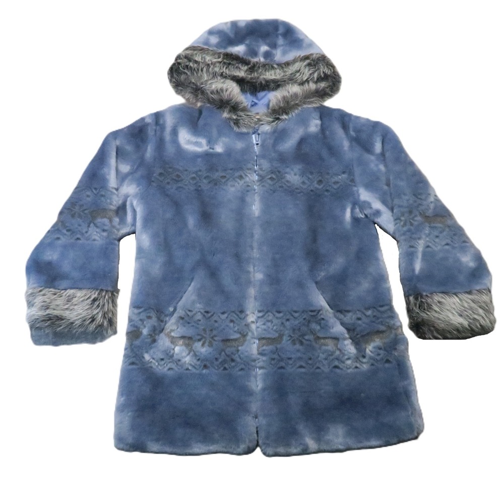 Nordic‎ Lights Faux Fur Hooded Coat  S Blue Reindeer Snowflake Apres Ski Winter